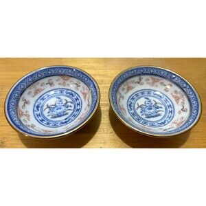 2 Vintage Chinese Eye Rice Grain Dipping Bowls Blue and White Porcelain RARE
